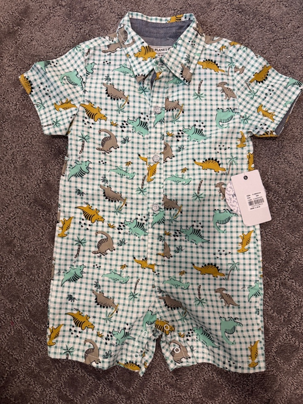 Free Planet Boys Green White Plaid Dinosaur One-Piece